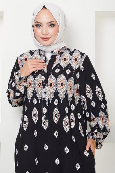 hafsamina Black Viscose Dress - Sare Button, Hm2502