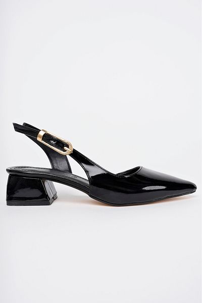 bakacstore Pantofi clasici cu toc scurt, din piele neagră, cu spatele deschis, cu vârf ascuțit