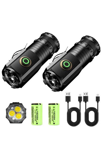 Heinast BLACK 2pcs USB Rechargeable RBG LED Flashlight 2000LM Powerful Mini EDC Tactical Lantern Using 18350