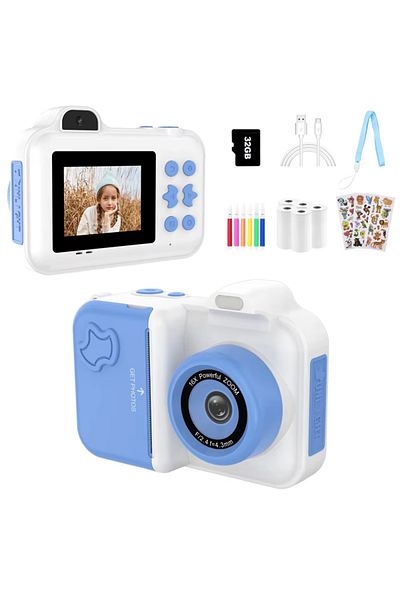 Choice white blue Kids Camera Instant Print Gifts Toys 1080P HD Dual-Lens Selfie Digital Camera with 5 Roll