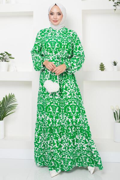 hafsamina Πράσινο φόρεμα βισκόζης - Ψηφιακή εκτύπωση και ζώνη HM2500