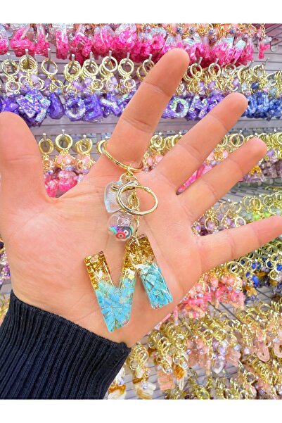 NATUREL Epoksi Doğal Taş Turkuaz Renkli -N Harfli Anahtarlık