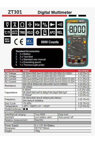 ZOYI ZT-301 Digital Multimeter ZT 301/302/303 True RMS Auto Range Ammeter Voltmeter Smart Capacitor Tempe