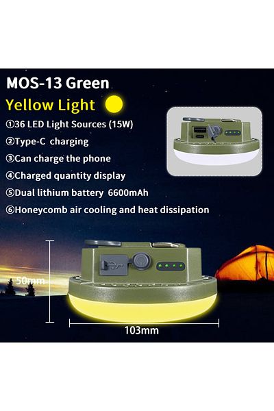 Choice مصباح تخييم خارجي محمول قابل لإعادة الشحن بقوة 9900 مللي أمبير في الساعة من MOSLIGHTING MOS-13-Green-Y
