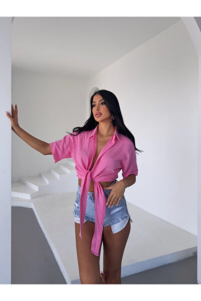 hazelin Women's Pink Binding Detailed Muslin Linen Blouse Hzl25S-Dsb1212