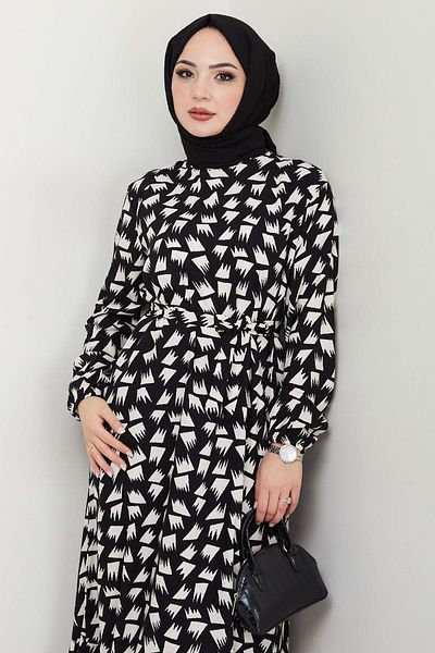 hafsamina Merve Patterned Summer Viscose Dress Black Hm2681