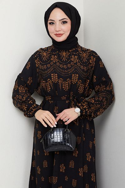 hafsamina Nevra Patterned Summer Viscose Dress Black Hm2678