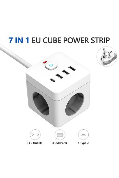 RNG 1.5M WHITE 7-in-1 EU Power Strip, Power Strip Surge Protector, 3 AC Outlets 3 USB 1 Type-C, Desktop