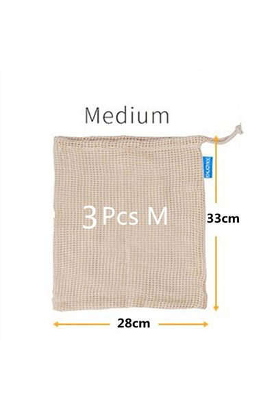 Choice 3pcs-M Reusable Cotton Mesh Produce Bags for Vegetable Fruit Food Kitchen Washable Grid Storage Bag