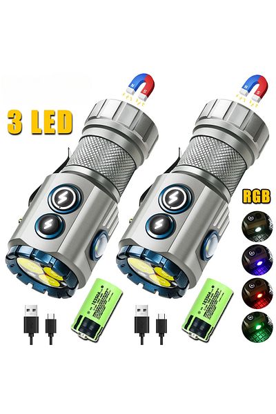 Heinast 2pcs USB Rechargeable RBG LED Flashlight 2000LM Powerful Mini EDC Tactical Lantern Using 18350 Batte