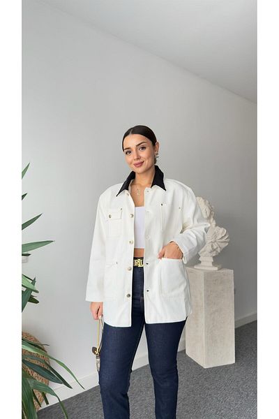 QİMYA BUTİK Keyymod Women's Short Coat - Gabardine Fabric Trench with Velvet Collar