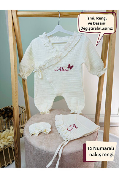 KARSU TASARIM 4 Kat Müslin Hastane Çıkış Seti İsimli Nakış İşlemeli %100 Pamu...