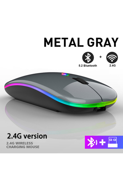 Choice ماوس لاسلكي رمادي RGB قابل لإعادة الشحن مع بلوتوث، ماوس كمبيوتر لاسلكي بإضاءة خلفية LED، مريح للغاية