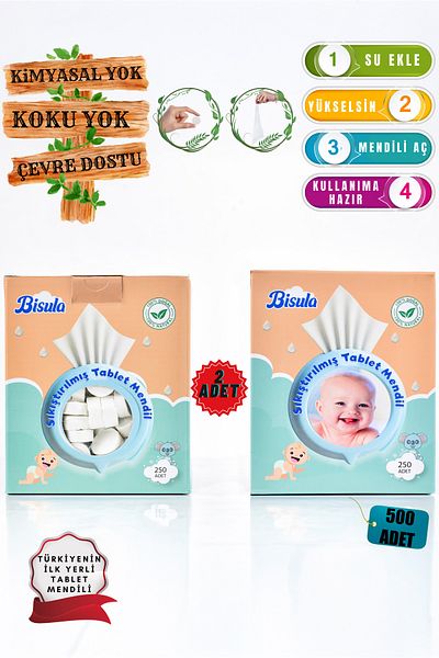 Bisula Compressed Tablet Wipes – Disposable Baby Cleaning Cloth That Opens with Water (2 Boxes of 500 Pieces)