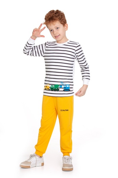 CiciTime Çocuk Modası Erkek Çocuk İş Makinesi Desenli Çizgili Günlük Kreş Okul Takımı