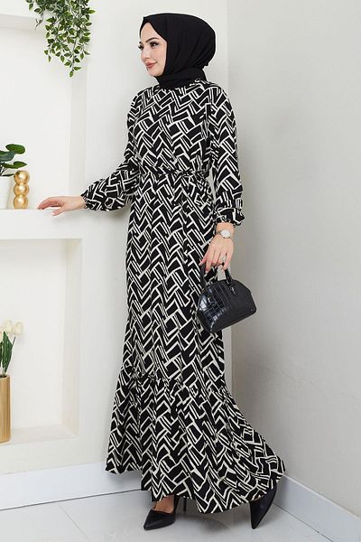 hafsamina Sevim Μοτίβο Καλοκαιρινό Φόρεμα Βισκόζης Μαύρο HM2677