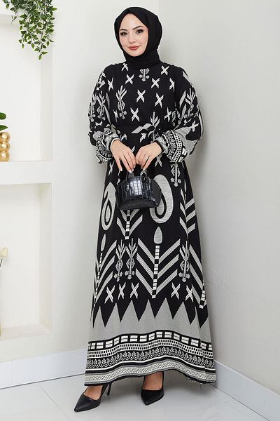 hafsamina Fresh Patterned Summer Viscose Dress Black Hm2679