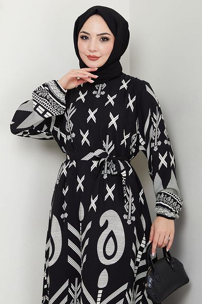 hafsamina Fresh Patterned Summer Viscose Dress Black Hm2679