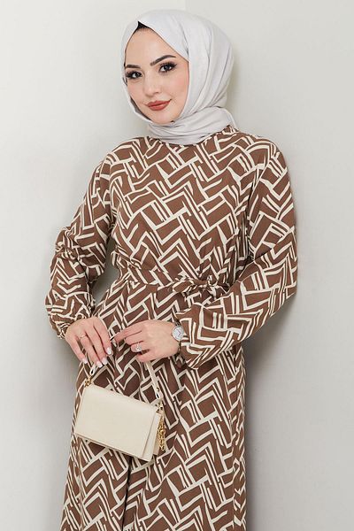 hafsamina Cute Patterned Summer Viscose Dress Mink Hm2677