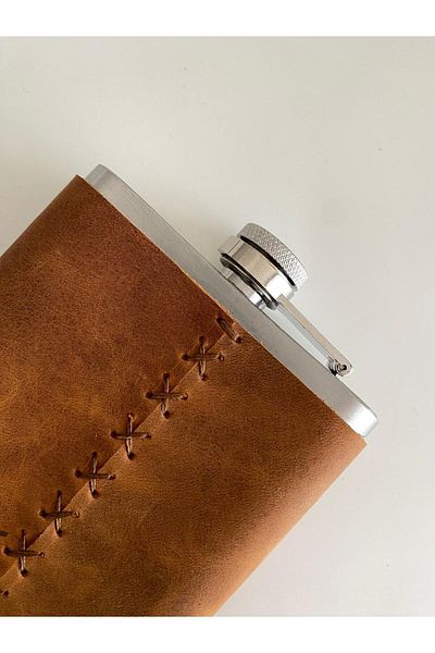ALESTA LEATHER Leather Covered Collar Flask - Hand Stitched Genuine Leather
