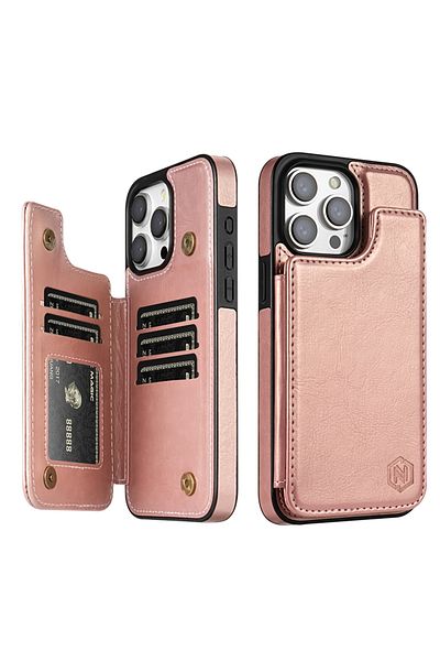 Choice iPhone 13 Pro Rose gold Wallet Solid Color Magnetic Double Buckle RFID Blocking Card Leather Case Fo