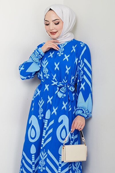 hafsamina Φόρεμα με άνετο μοτίβο βισκόζης μπλε HM2679 καλοκαίρι