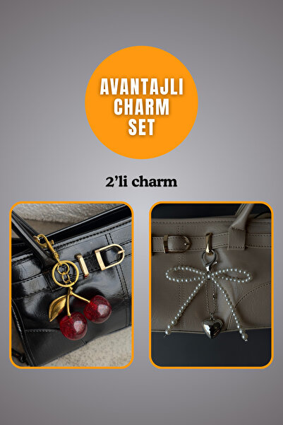 minebag Parıldayan Kiraz Meyvesi Ve Metal İnci Kalp Charm Set