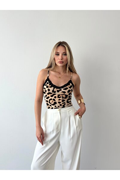 Somut istanbul Leopar Desenli Dantelli Askılı Body Bluz