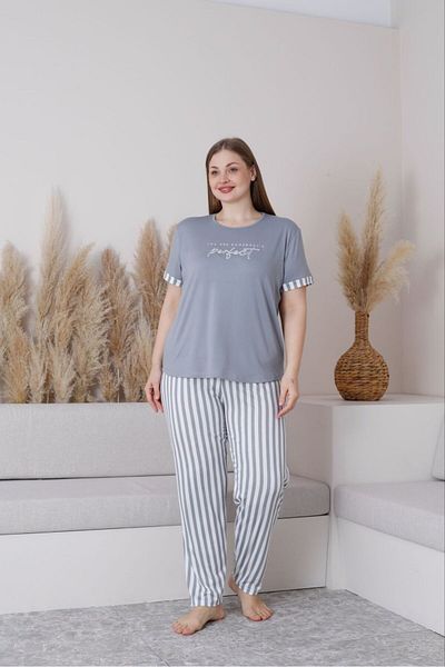 Temporium Women's Milan Fabric Large Size Curve Printed Patterned Short Sleeve 1St Quality Bamboo Pajama Set