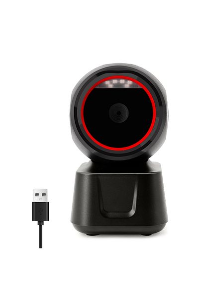 Aibecy ماسح باركود سلكي 1D 2D QR أسود عالي السرعة مع منصة قارئ تلقائي بدون استخدام اليدين ومنفذ USB