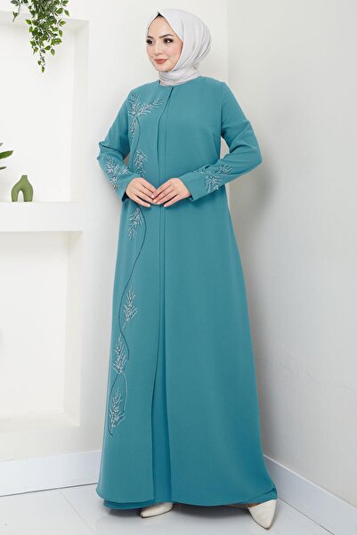 hafsamina Plus Size Leaf Stone Mother's Dress Mint Hm2350