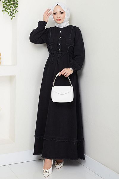 hafsamina Skirt Tassel Buttoned Tie-Up Denim Dress Black Hm2673