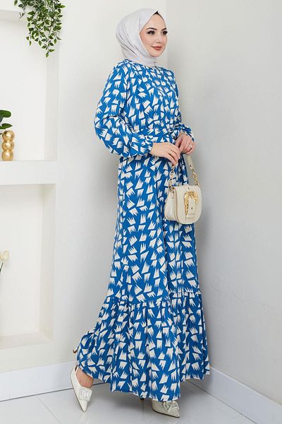 hafsamina Merve Patterned Summer Viscose Dress Indigo Hm2681