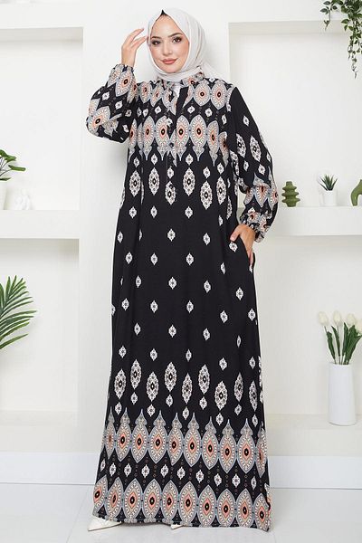 hafsamina Black Viscose Dress - Sare Button, Hm2502