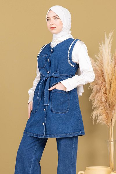 Modamihram Light Blue Pearl-Detailed Double Denim Suit 19245 Model