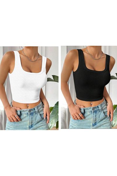 TURKUAZ KIDS 2 Li Women Black and White Camisole Square Collar Wide Straps Tank Top Ribbed Crop Tank Top Sports Camisole Atl