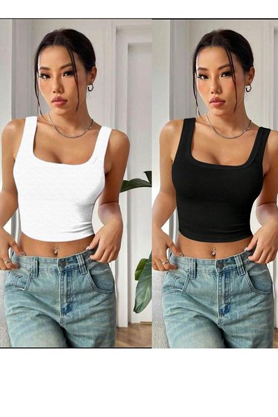 TURKUAZ KIDS 2 Li Women Black and White Camisole Square Collar Wide Straps Tank Top Ribbed Crop Tank Top Sports Camisole Atl