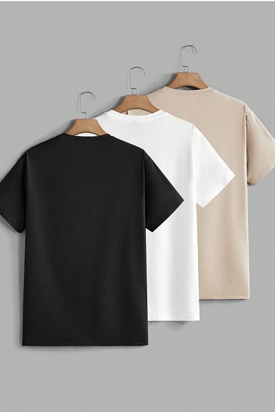 MODAGEN Unisex Black White Beige Crew Neck Plain 3-Piece T-Shirt
