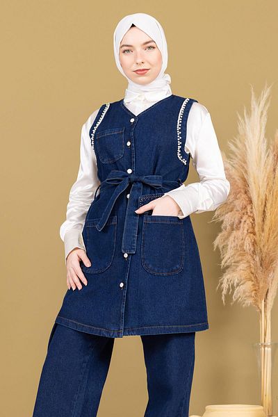 Modamihram Double Denim Suit - Dark Blue with Pearl Detail 19245
