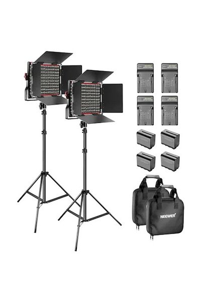 NEEWER Kit 2 Neewer Bi Color 660 LED Panels, tripods, 4 batteries, 4 chargers, 2 carrying bags