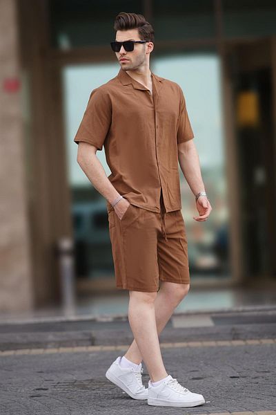 Madmext Sada pánské košile a šortek 5956 - Camel