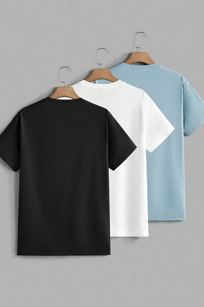 MODAGEN Unisex Black White Baby Blue Crew Neck Plain 3-Piece T-Shirt