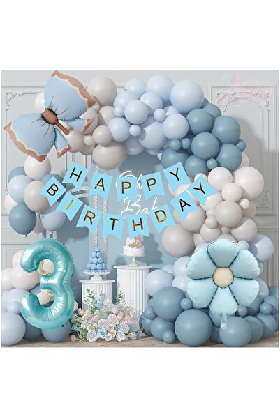 Partile Mavi Fiyonklu Okyanus Mavili Makaron Mavi Balonlu Doğum Günü Seti Pap...