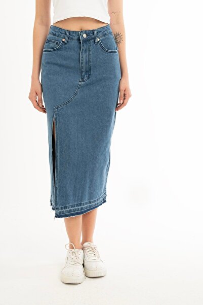 1434 Polo State Kadın Yüksek Bel Yırtmaçlı Midi Boy Denim Etek Mavi