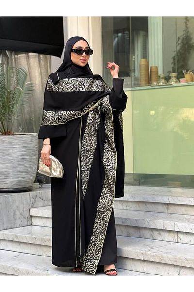 fiore fashion Black Kaftan Crepe Abaya Dress Thin Fabric Suitable for Size 38-46