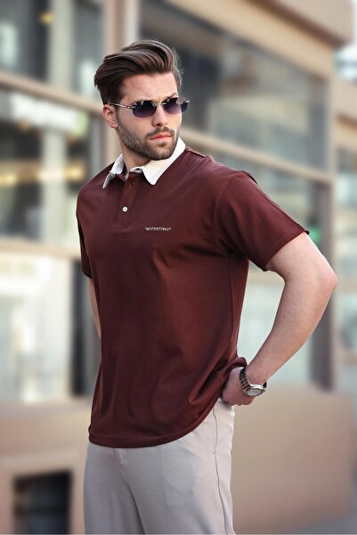 Madmext Ανδρικό μπλουζάκι με γιακά πόλο με κουμπιά Bitter Brown E7119