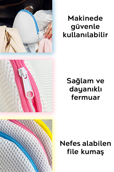 Meleni Home 3'lü Fermuarlı Sütyen Yıkama Filesi - Renkli Fermuarlı İç Çamaşırı Yıkama Aparatı