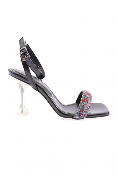 DGN 5161-23y Black Metallic Women's Heeled Shoes - Silver Stoned and Ankle Strap