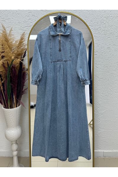 Ebrar Store Lema Half Zipper Collar Denim Dress-Ml2032 Blue