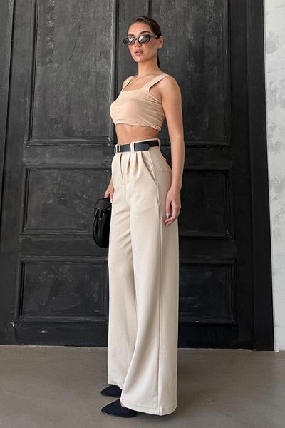 Madmext Light Beige Double Pleated Belted Trousers Mg2330